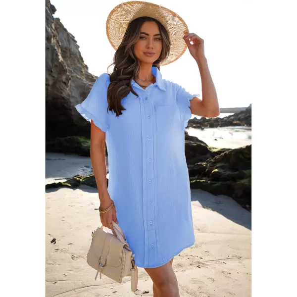 luvamia Womens Beach Cover Up Dress Cotton Button Down Shirt Dresses Casual Ruffle Sleeves Summer Dresses with PocketsSky Blue