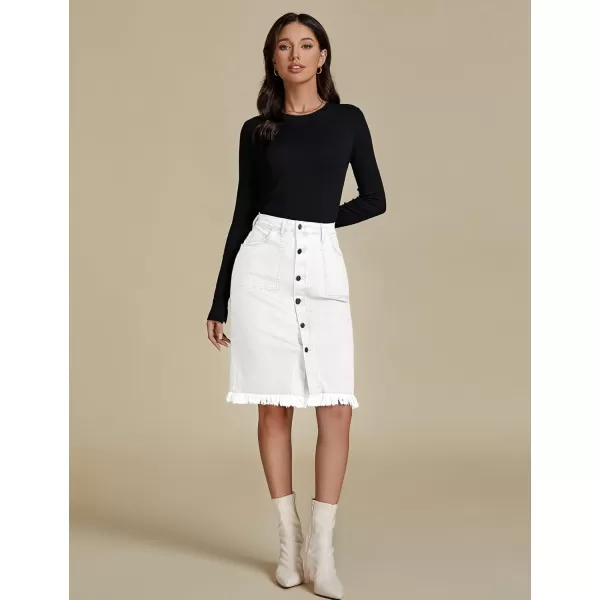 luvamia Womens Casual Mid Rise Button Down Frayed Raw Hem Denim Jean Midi SkirtCream White