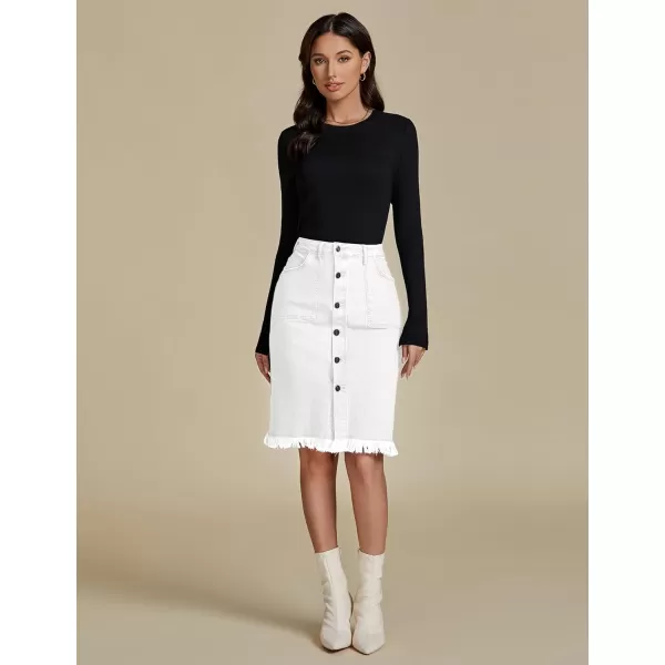 luvamia Womens Casual Mid Rise Button Down Frayed Raw Hem Denim Jean Midi SkirtCream White