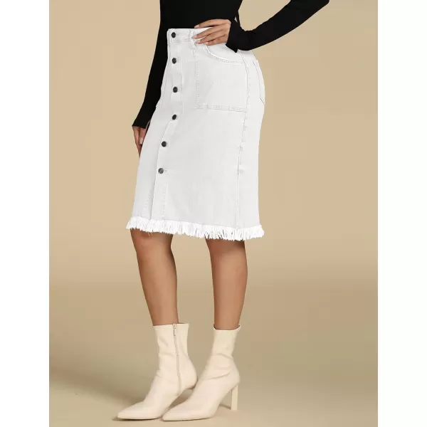luvamia Womens Casual Mid Rise Button Down Frayed Raw Hem Denim Jean Midi SkirtCream White