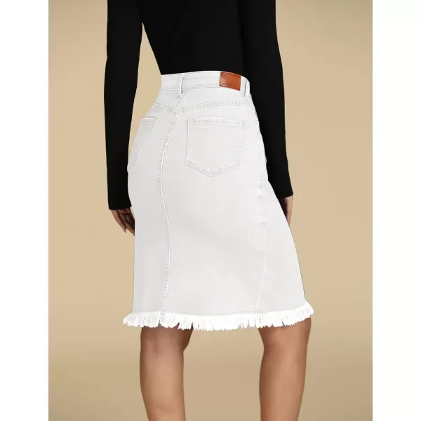 luvamia Womens Casual Mid Rise Button Down Frayed Raw Hem Denim Jean Midi SkirtCream White