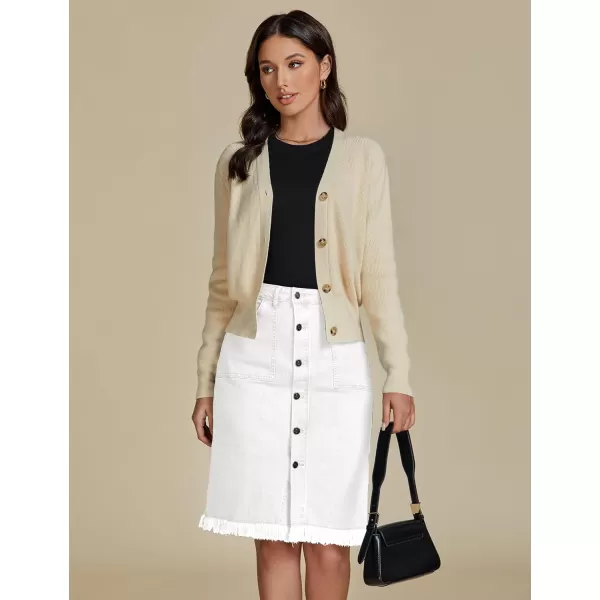 luvamia Womens Casual Mid Rise Button Down Frayed Raw Hem Denim Jean Midi SkirtCream White