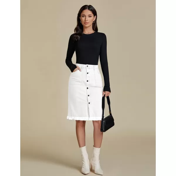 luvamia Womens Casual Mid Rise Button Down Frayed Raw Hem Denim Jean Midi SkirtCream White
