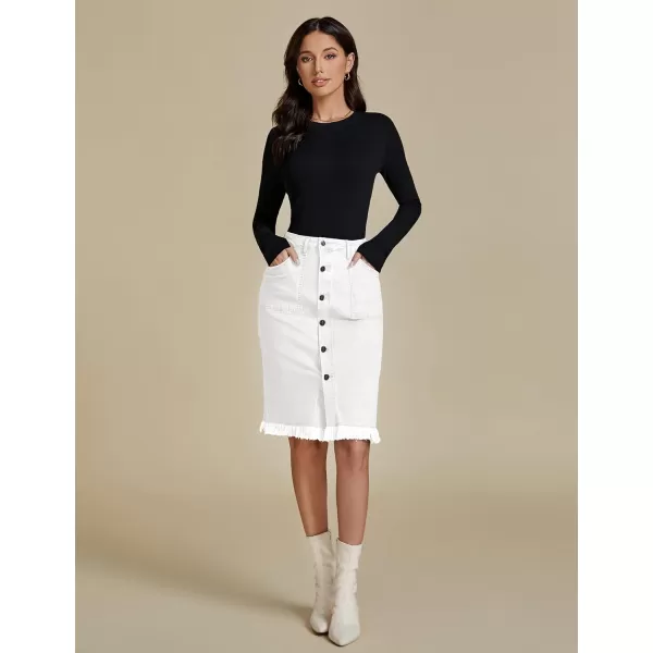luvamia Womens Casual Mid Rise Button Down Frayed Raw Hem Denim Jean Midi SkirtCream White