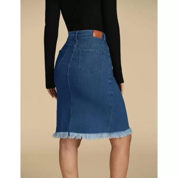 luvamia Womens Casual Mid Rise Button Down Frayed Raw Hem Denim Jean Midi SkirtDark Atlantic Blue