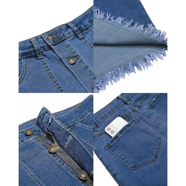 luvamia Womens Casual Mid Rise Button Down Frayed Raw Hem Denim Jean Midi SkirtDark Atlantic Blue