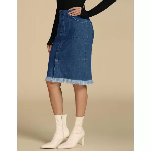 luvamia Womens Casual Mid Rise Button Down Frayed Raw Hem Denim Jean Midi SkirtDark Atlantic Blue
