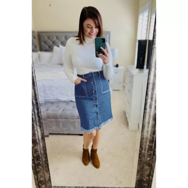 luvamia Womens Casual Mid Rise Button Down Frayed Raw Hem Denim Jean Midi SkirtDark Atlantic Blue