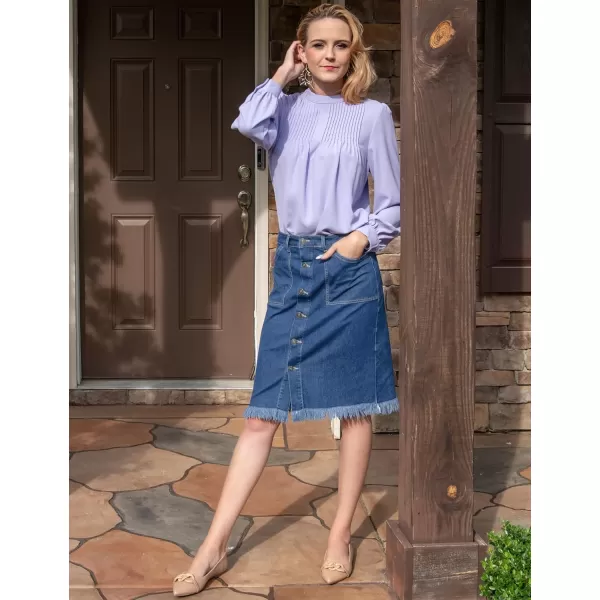 luvamia Womens Casual Mid Rise Button Down Frayed Raw Hem Denim Jean Midi SkirtDark Atlantic Blue