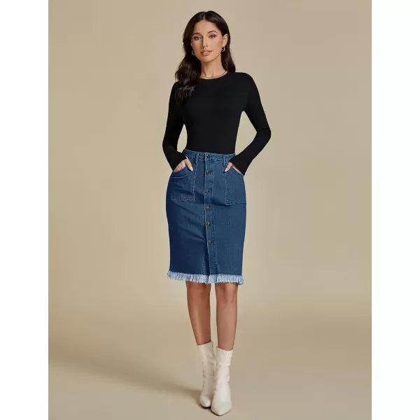 luvamia Womens Casual Mid Rise Button Down Frayed Raw Hem Denim Jean Midi SkirtDark Atlantic Blue