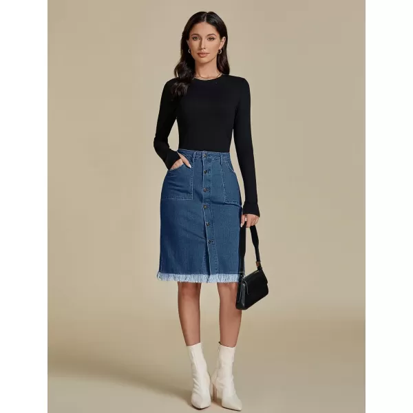 luvamia Womens Casual Mid Rise Button Down Frayed Raw Hem Denim Jean Midi SkirtDark Atlantic Blue