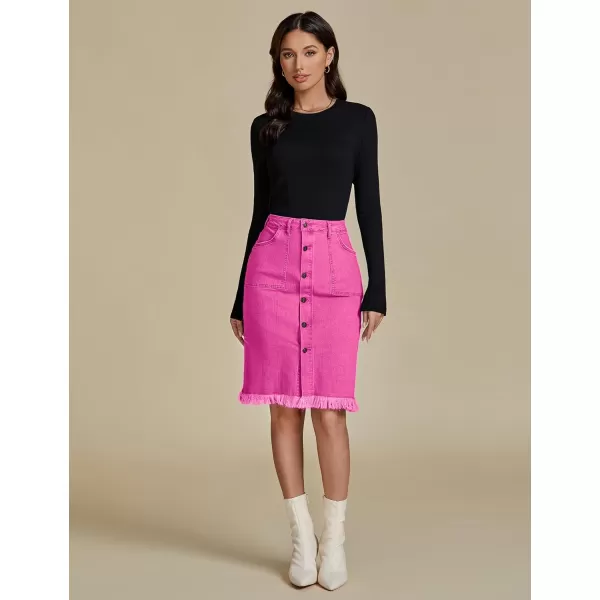 luvamia Womens Casual Mid Rise Button Down Frayed Raw Hem Denim Jean Midi SkirtHot Pink