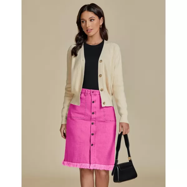 luvamia Womens Casual Mid Rise Button Down Frayed Raw Hem Denim Jean Midi SkirtHot Pink