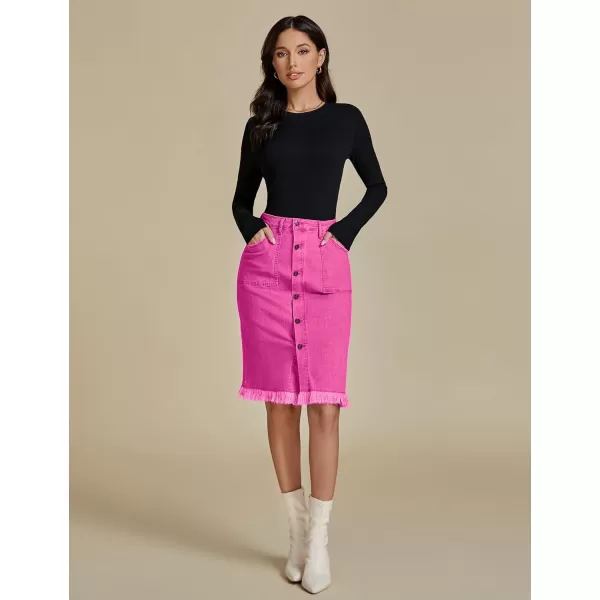 luvamia Womens Casual Mid Rise Button Down Frayed Raw Hem Denim Jean Midi SkirtHot Pink