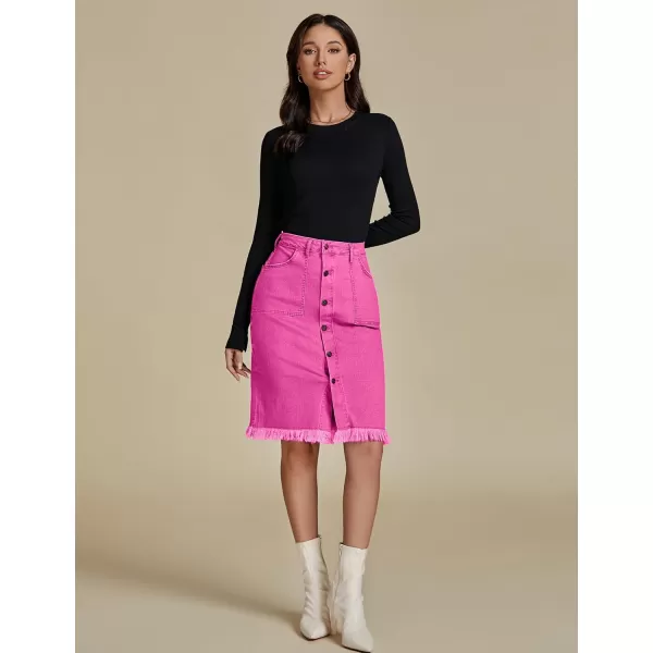 luvamia Womens Casual Mid Rise Button Down Frayed Raw Hem Denim Jean Midi SkirtHot Pink