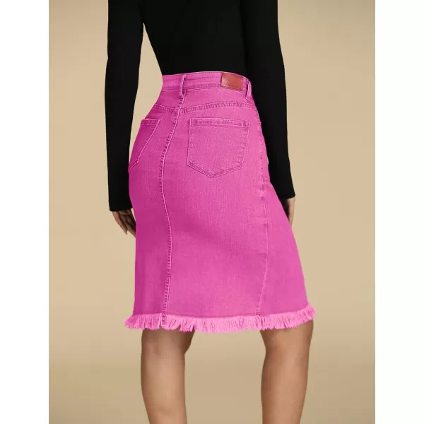 luvamia Womens Casual Mid Rise Button Down Frayed Raw Hem Denim Jean Midi SkirtHot Pink