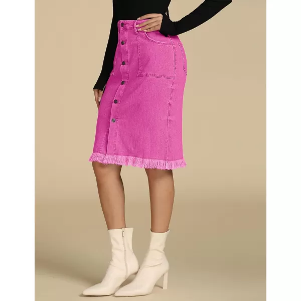 luvamia Womens Casual Mid Rise Button Down Frayed Raw Hem Denim Jean Midi SkirtHot Pink