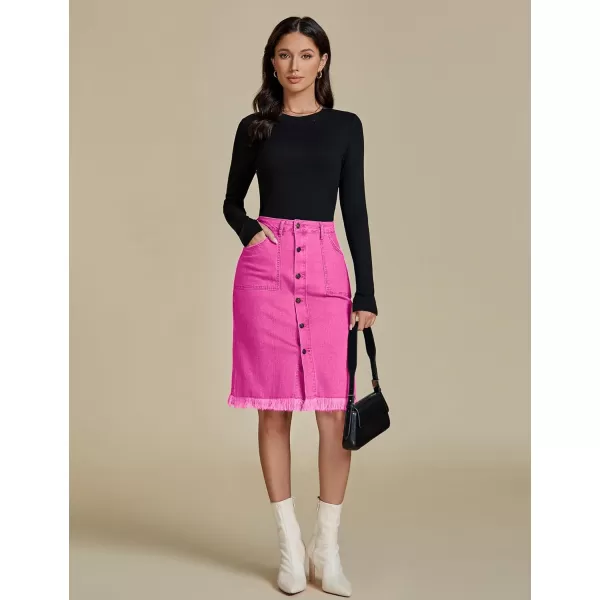 luvamia Womens Casual Mid Rise Button Down Frayed Raw Hem Denim Jean Midi SkirtHot Pink
