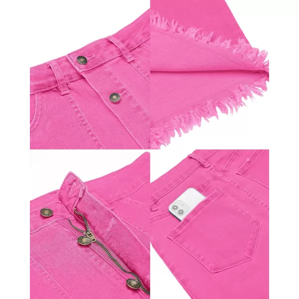 luvamia Womens Casual Mid Rise Button Down Frayed Raw Hem Denim Jean Midi SkirtHot Pink