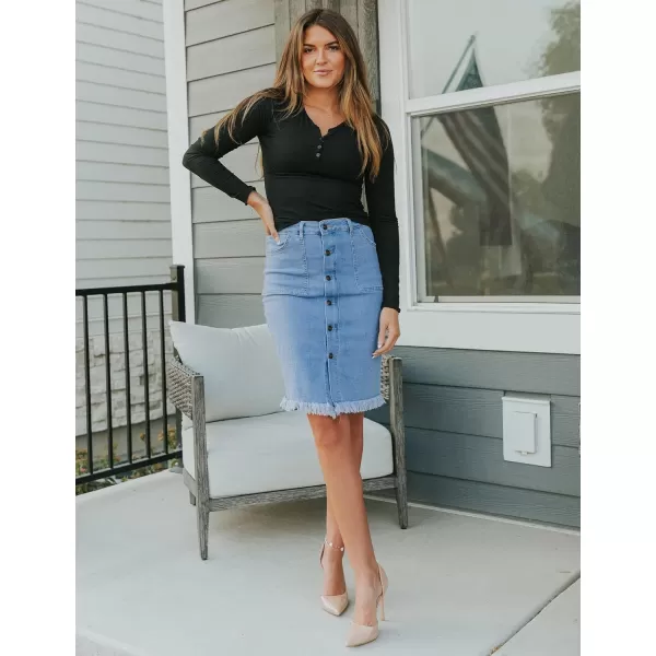 luvamia Womens Casual Mid Rise Button Down Frayed Raw Hem Denim Jean Midi SkirtOcean Aqua Blues