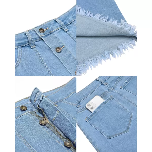 luvamia Womens Casual Mid Rise Button Down Frayed Raw Hem Denim Jean Midi SkirtOcean Aqua Blues