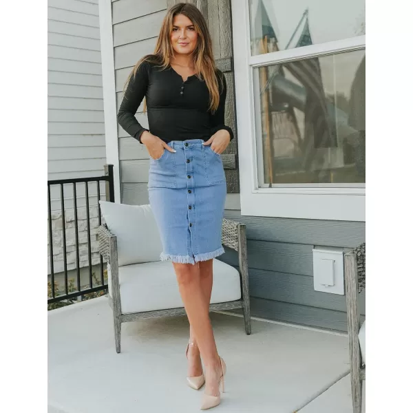 luvamia Womens Casual Mid Rise Button Down Frayed Raw Hem Denim Jean Midi SkirtOcean Aqua Blues