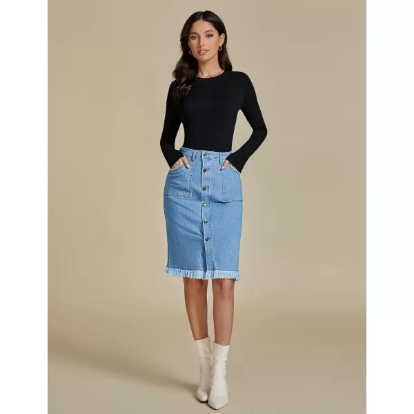 luvamia Womens Casual Mid Rise Button Down Frayed Raw Hem Denim Jean Midi SkirtOcean Aqua Blues