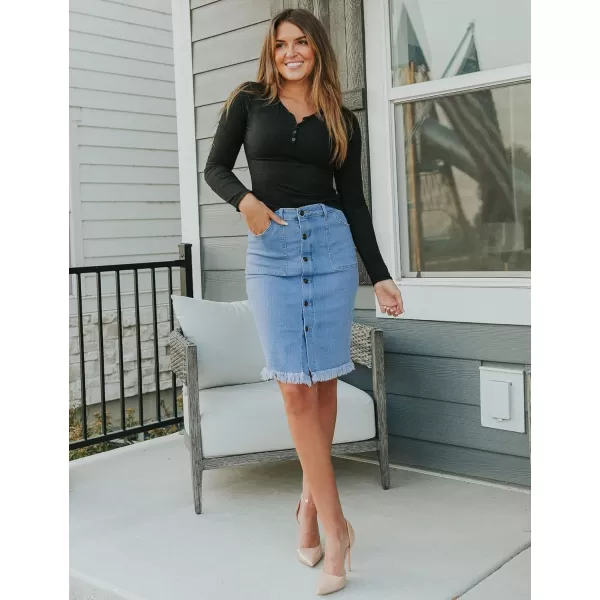 luvamia Womens Casual Mid Rise Button Down Frayed Raw Hem Denim Jean Midi SkirtOcean Aqua Blues
