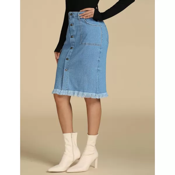 luvamia Womens Casual Mid Rise Button Down Frayed Raw Hem Denim Jean Midi SkirtOcean Aqua Blues