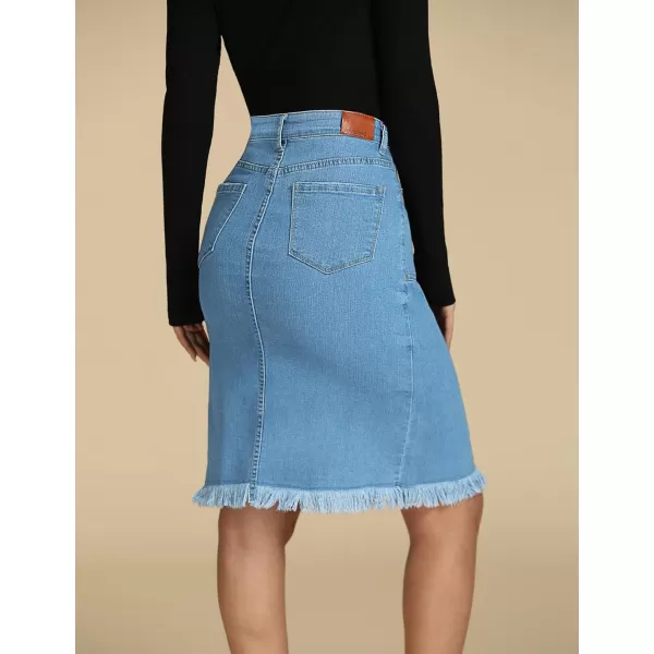 luvamia Womens Casual Mid Rise Button Down Frayed Raw Hem Denim Jean Midi SkirtOcean Aqua Blues