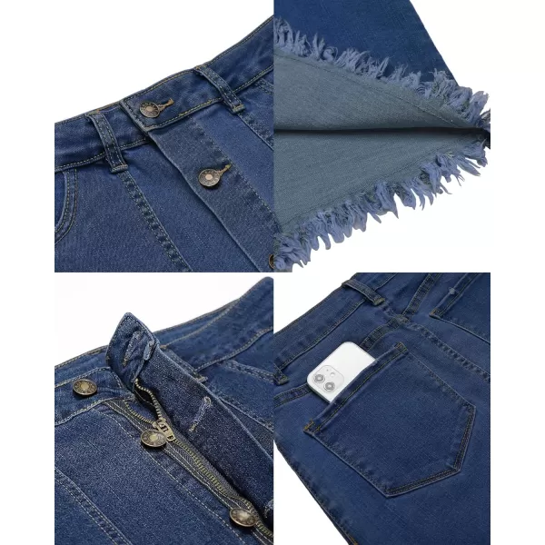luvamia Womens Casual Mid Rise Button Down Frayed Raw Hem Denim Jean Midi SkirtS Dark Vintage Blue