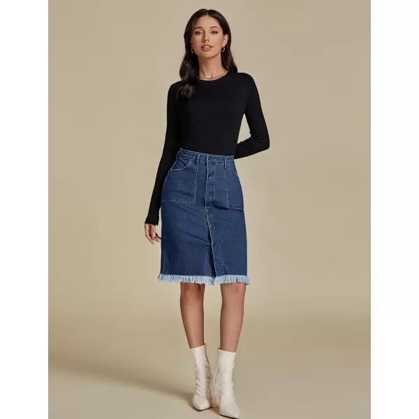 luvamia Womens Casual Mid Rise Button Down Frayed Raw Hem Denim Jean Midi SkirtS Dark Vintage Blue