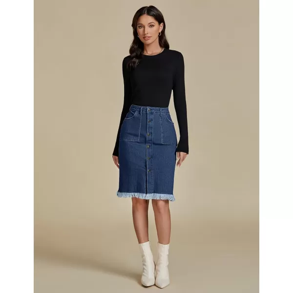 luvamia Womens Casual Mid Rise Button Down Frayed Raw Hem Denim Jean Midi SkirtS Dark Vintage Blue