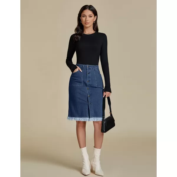 luvamia Womens Casual Mid Rise Button Down Frayed Raw Hem Denim Jean Midi SkirtS Dark Vintage Blue