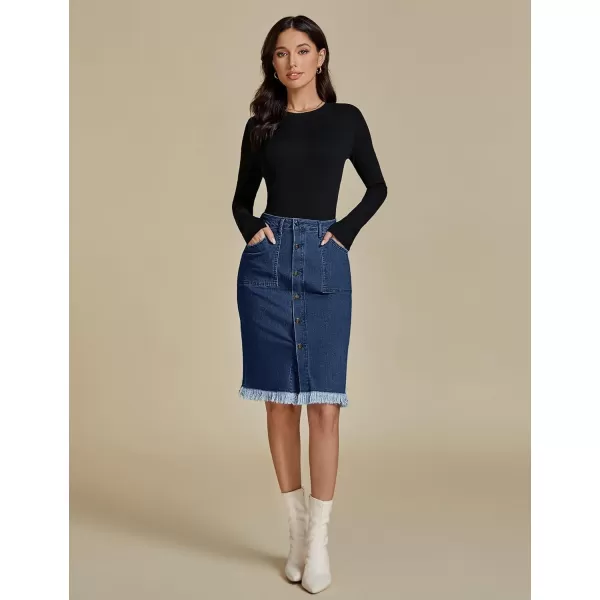 luvamia Womens Casual Mid Rise Button Down Frayed Raw Hem Denim Jean Midi SkirtS Dark Vintage Blue