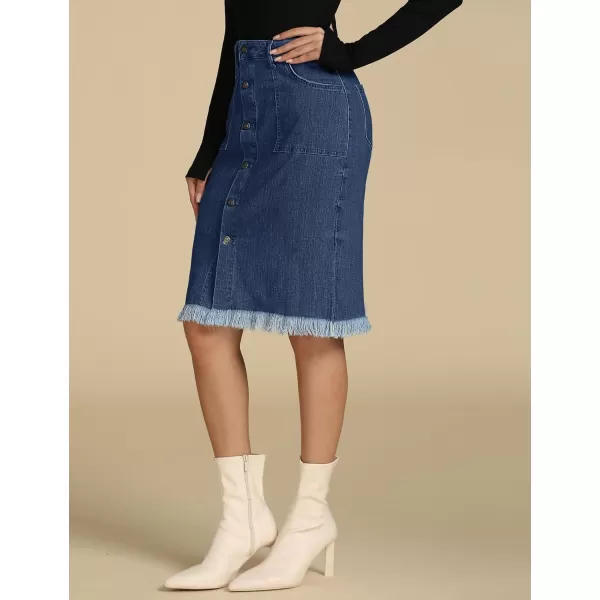 luvamia Womens Casual Mid Rise Button Down Frayed Raw Hem Denim Jean Midi SkirtS Dark Vintage Blue