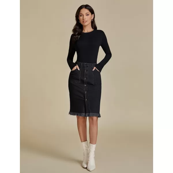 luvamia Womens Casual Mid Rise Button Down Frayed Raw Hem Denim Jean Midi SkirtS Soft Black