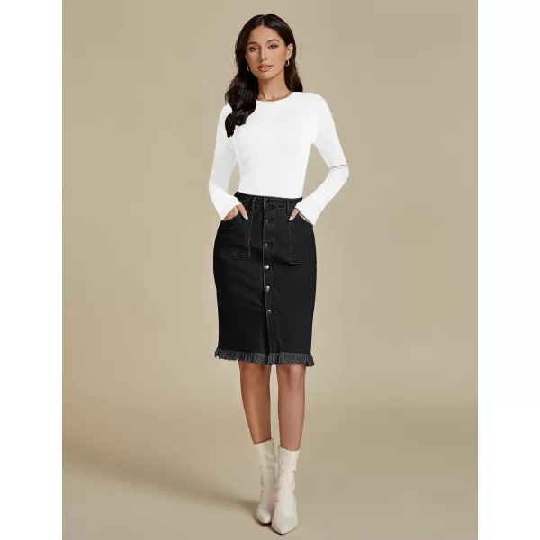 luvamia Womens Casual Mid Rise Button Down Frayed Raw Hem Denim Jean Midi SkirtS Soft Black