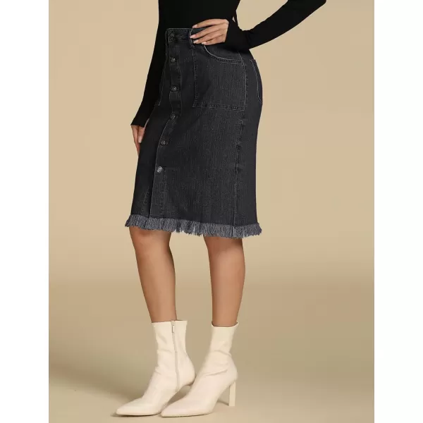 luvamia Womens Casual Mid Rise Button Down Frayed Raw Hem Denim Jean Midi SkirtS Soft Black