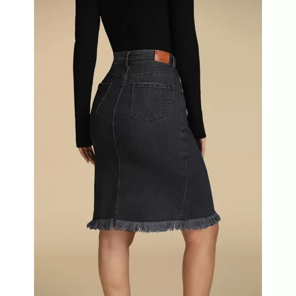 luvamia Womens Casual Mid Rise Button Down Frayed Raw Hem Denim Jean Midi SkirtS Soft Black