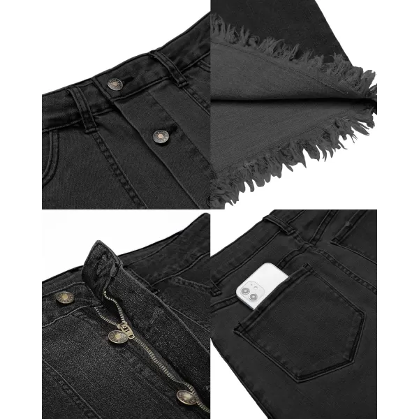 luvamia Womens Casual Mid Rise Button Down Frayed Raw Hem Denim Jean Midi SkirtS Soft Black