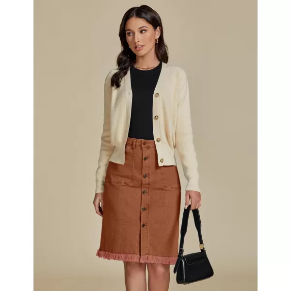 luvamia Womens Casual Mid Rise Button Down Frayed Raw Hem Denim Jean Midi SkirtUmber Brown