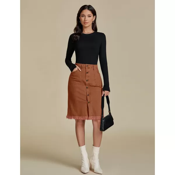 luvamia Womens Casual Mid Rise Button Down Frayed Raw Hem Denim Jean Midi SkirtUmber Brown