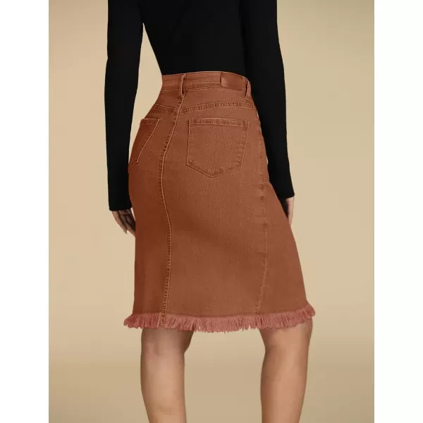 luvamia Womens Casual Mid Rise Button Down Frayed Raw Hem Denim Jean Midi SkirtUmber Brown