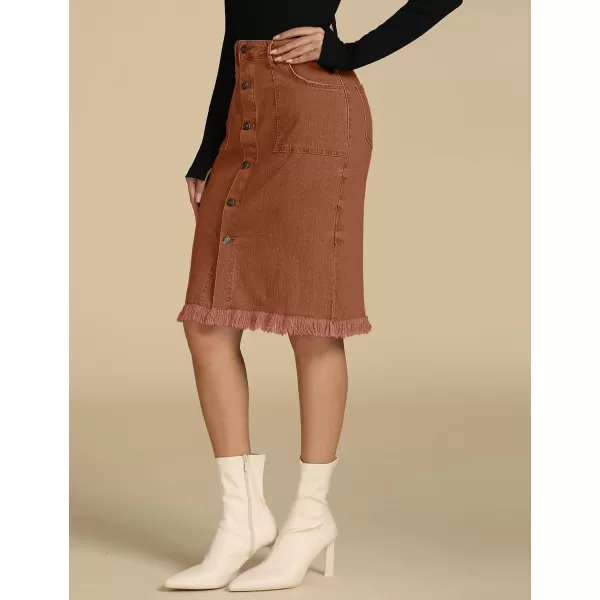 luvamia Womens Casual Mid Rise Button Down Frayed Raw Hem Denim Jean Midi SkirtUmber Brown