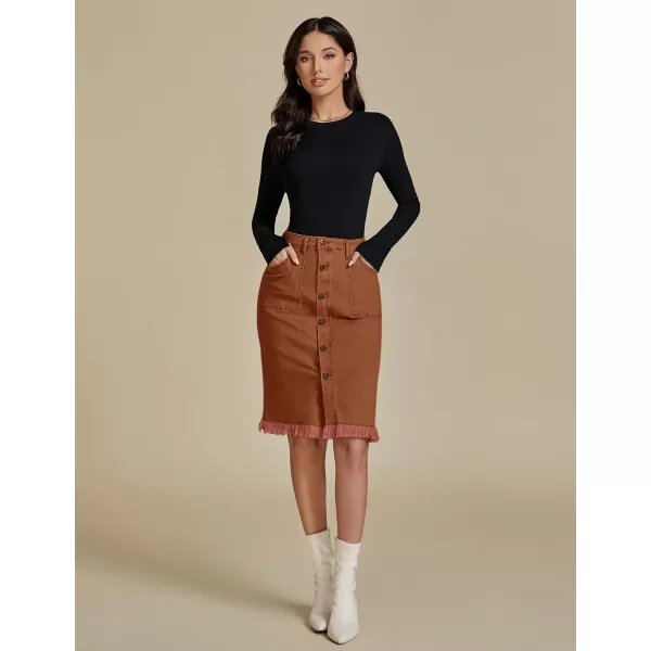 luvamia Womens Casual Mid Rise Button Down Frayed Raw Hem Denim Jean Midi SkirtUmber Brown