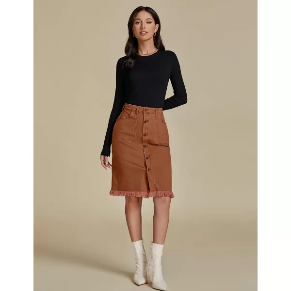 luvamia Womens Casual Mid Rise Button Down Frayed Raw Hem Denim Jean Midi SkirtUmber Brown