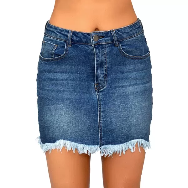 luvamia Womens Casual Mid Waisted Washed Frayed Pockets Denim Jean Short SkirtA Nightfall Blue