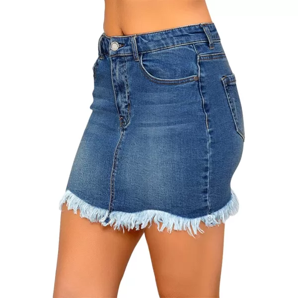 luvamia Womens Casual Mid Waisted Washed Frayed Pockets Denim Jean Short SkirtA Nightfall Blue