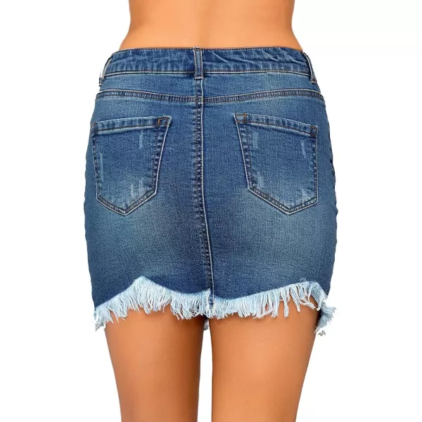 luvamia Womens Casual Mid Waisted Washed Frayed Pockets Denim Jean Short SkirtA Nightfall Blue